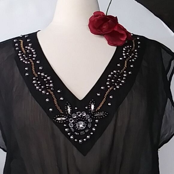 Charming Charlie Sheer Sparkly Gem Bead Embellished Black Blouse Size Small - Picture 3 of 10